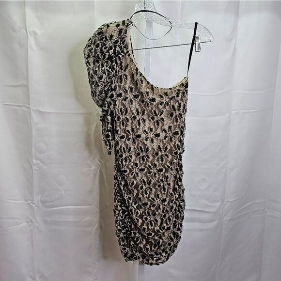 Papaya Black and Cream Lace One Shoulder Mini Bodycon Dress Size Small - Picture 1 of 8